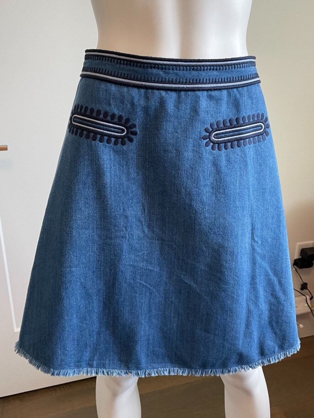 Granduca Casual A-Line Boho Denim Cotton Blend Jean Skirt w Embroidery Blue 38
